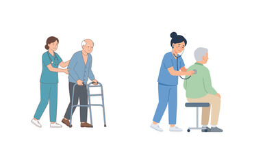 Fototapeta premium Caregiver supporting elderly man with walker and doctor examining senior patient health