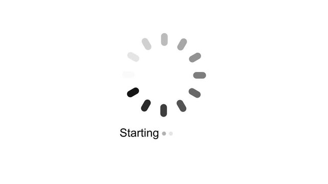 Starting Status Text with Animated Circular Progress Wheel Spinner and Dots UI Preloader Graphic Element Seamless Loop Video on White Background for Web Interface and Application Launch.