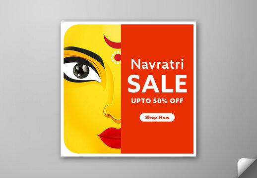 Editable Navratri Festival Sale Social Media Post Template with Up to 50 Percent Off on Creative Half Face of Durga Maa and Red Background.