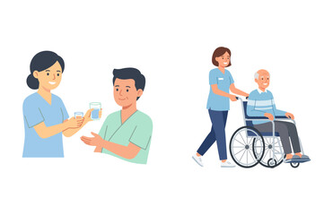 Fototapeta premium Caregivers helping people, nurse giving water and pushing a patient in wheelchair