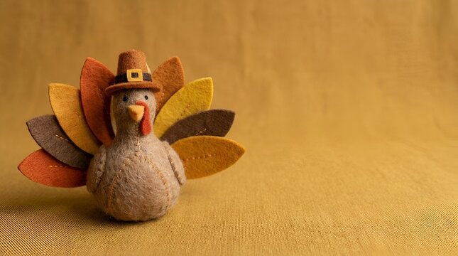 Cute Felt Thanksgiving Turkey Figurine with Pilgrim Hat on Warm Fabric Background with Copy Space