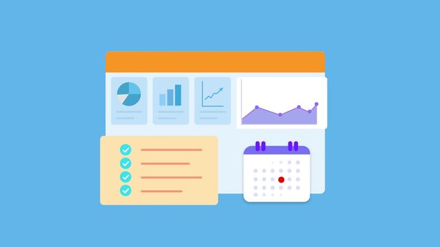 Flat vector animated project management dashboard featuring analytics charts, task list, calendar scheduling, and workflow interface. Ideal for productivity, planning, reporting, and business motion g