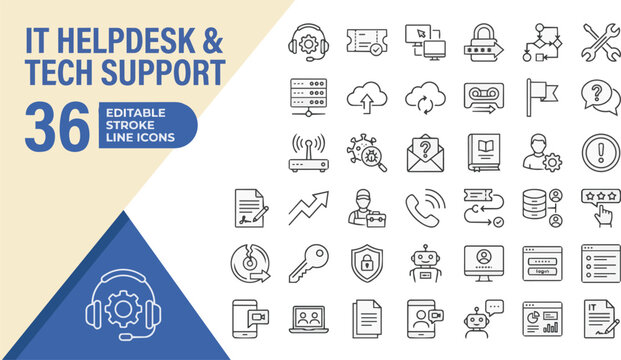 It helpdesk and technical support line icon set on transparent background Editable Stroke.