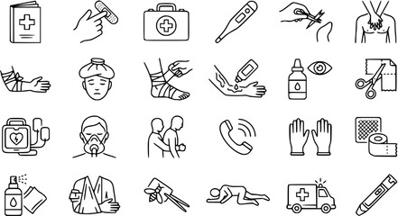 Fototapeta premium First Aid Medical Emergency Icons Set in Black White Line Art Style