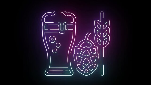 Glowing neon sign of a beer glass with froth beside hops and barley stalk flickering on a dark background for bar tavern brewery and pub promo