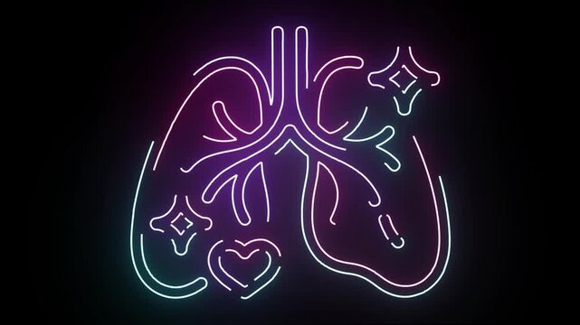 Glowing neon lungs animation with pulsing blue and pink outline of bronchial tree and heart on a dark background for medical and health concepts