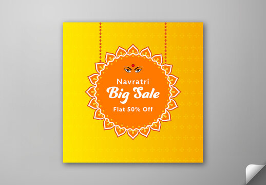 Editable Navratri Festival Sale Social Media Post Template with 50 Percent Offer and Creative Durga Maa Eyes on Orange Mandala Frame Hang and Yellow Background.