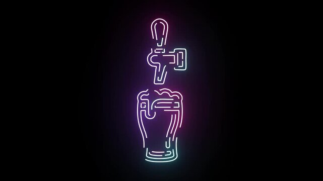 Glowing neon sign depicting a beer tap pouring fresh craft beer into a glass cup with vibrant blue and purple light on a dark black background loop