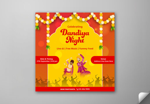 Editable Navratri Dandiya Night Festival Social Media Post Template with Indian Couple Playing Garba on Yellow and Orange Background.