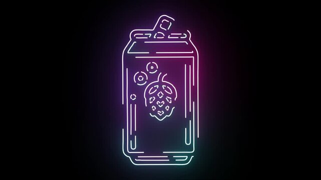 Glowing neon sign of a beer can with a hop cone graphic flashing in vibrant pink and blue colors on a dark black background in a seamless loop