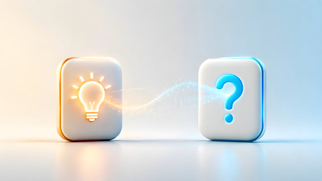 Glowing lightbulb and blue question mark icons connected by digital data stream. Concept of customer support communication, problem solving strategy, and digital helpdesk interface.