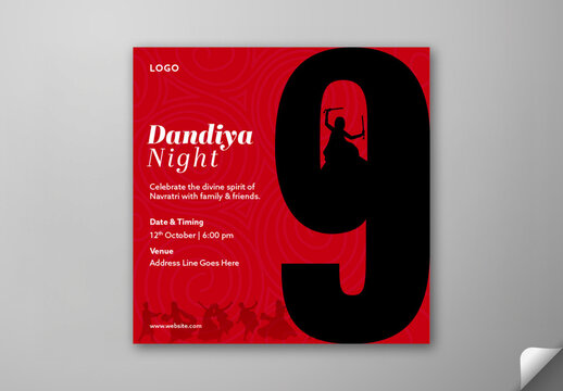 Editable Navratri Dandiya Night Festival Invitation Post Template with Silhouette People Enjoying, Black Nine Number and Venue Details on Red Background.