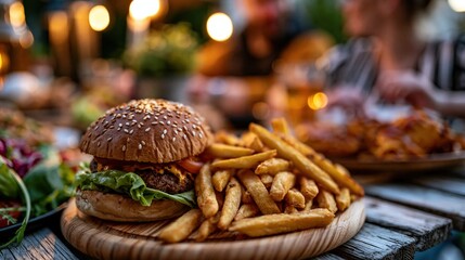 Fototapeta premium Burger and fries on rustic table during relaxed outdoor dinner with friends