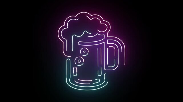 Glowing neon beer mug sign flickering with vibrant blue and purple light on a black background for bar pub and Oktoberfest night party promotion