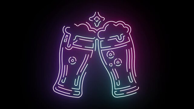 Vibrant neon sign depicting two clinking beer mugs with foaming heads and sparkling star glowing in blue and pink colors on a dark background