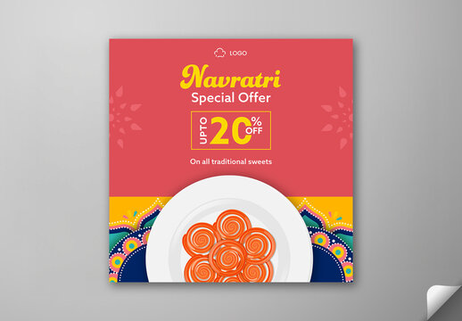 Editable Navratri Festival Sale Social Media Post Template with Up to 20 Percent Off on Traditional Sweets (Jalebi) on Colorful Background.