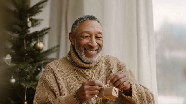 Elderly man joyfully engaged in eco friendly Christmas gift wrapping while celebrating the holiday season indoors