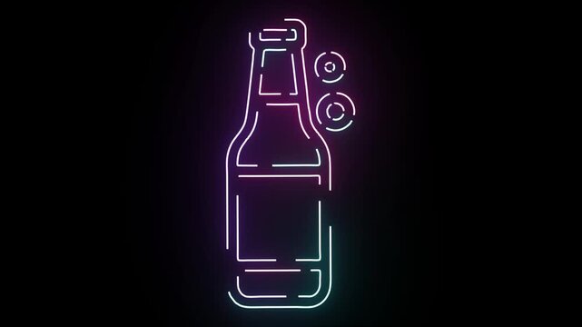 Glowing neon sign of a beer bottle with bubbles flashing in vibrant pink and blue colors on a black background for nightlife and bar promotion