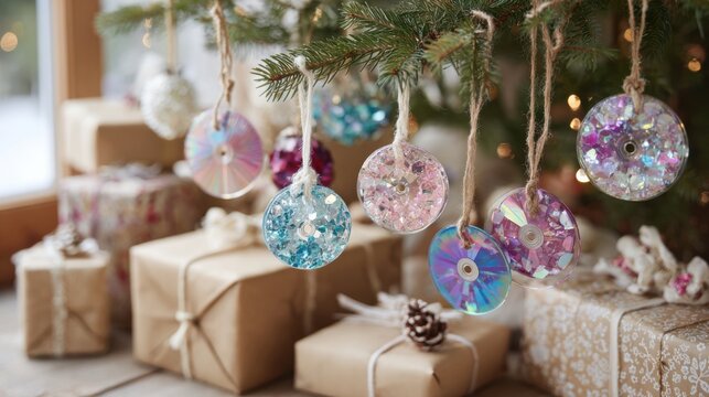 Creative Christmas decorations made from recycled materials hang on a tree surrounded by beautifully wrapped gifts during the festive season