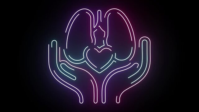 Glowing neon sign of human lungs and heart held in hands symbol representing healthcare medical wellness and organ donation on black background