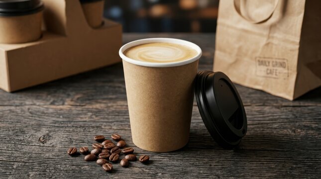 Aromatic hot latte in a disposable paper cup on a rustic wooden table with scattered beans and a delivery bag, showcasing high quality coffee branding for morning cafes and sustainable food