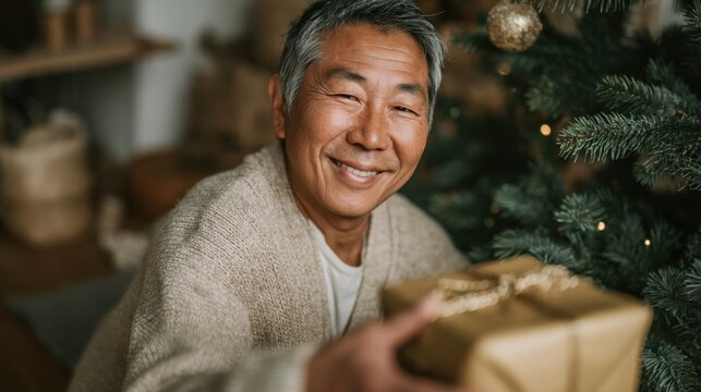 Smiling man presents eco friendly solar charger gift beside beautifully decorated Christmas tree in cozy indoor setting
