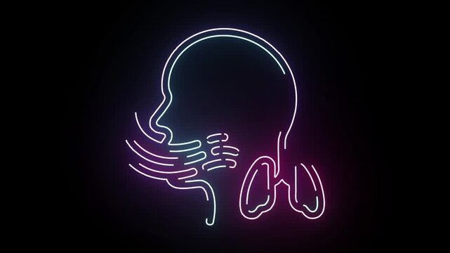 Glowing neon animation of a human respiratory system profile showing the nasal cavity throat and lungs during a breathing cycle on black background