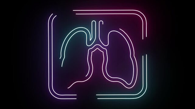 Glowing neon sign of human lungs inside square frame flickering with pink and blue light on black background for respiratory health concepts