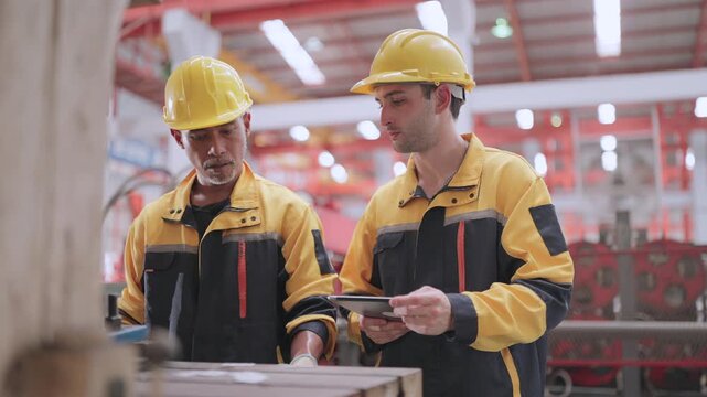 Male engineer discuss factory machinery, inspecting production systems, evaluating manufacturing performance, identifying technical challenges, planning operational improvements, supporting industrial