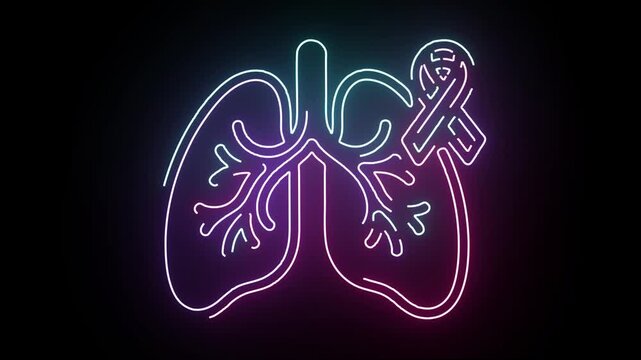 Glowing neon sign of human lungs and cancer awareness ribbon flickering with vibrant pink and blue colors on a dark background loop animation