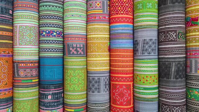 Closeup Sapa Fabric pattern stack  at Sapa Vietnam - Vietnam style Traditional Sculpture Cloth , Beautiful Background and abstract scene 