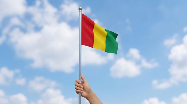 Hand holding waving Guinea national flag against blue sky with white clouds in bright daylight