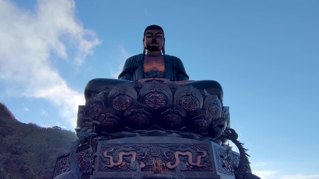 Landscape Sculpture Big buddha on the top of Fansipan mountain top view at Sapa Vietnam - Travel South East Asia Footage 