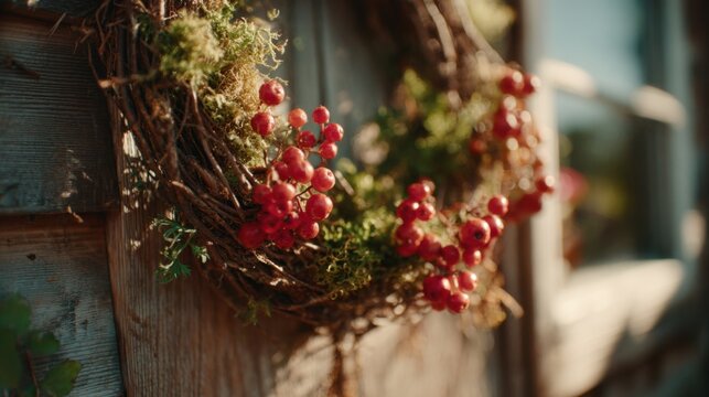 Eco friendly Christmas wreath made of dry materials and red berries adorning a rustic wooden door during the holiday season