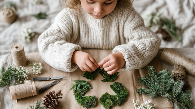 Creating an eco friendly Christmas decoration with natural materials and a recycling symbol during the holiday season