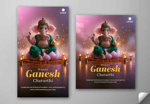 Editable Happy Ganesh Chaturthi Festival Invitation Poster Template with Floral Decorations and Event Details.