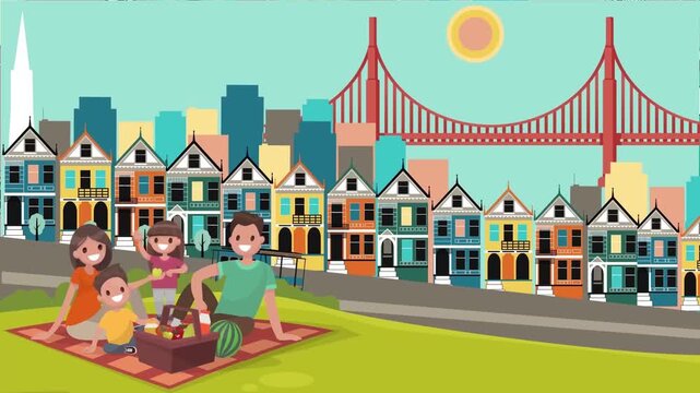 2D Animated Happy Family Having Outdoor Picnic on Park Grass in Front of City Townhouses Flat Vector Character Animation Footage