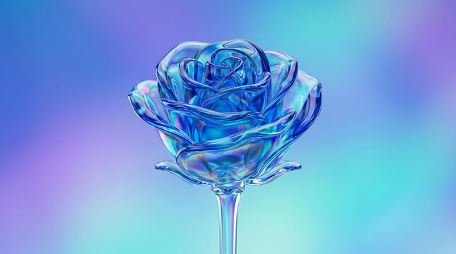 Single translucent blue crystal rose flower isolated on gradient background with translucent artificial sculpture ornament botanical minimalist background gradient reflection refraction