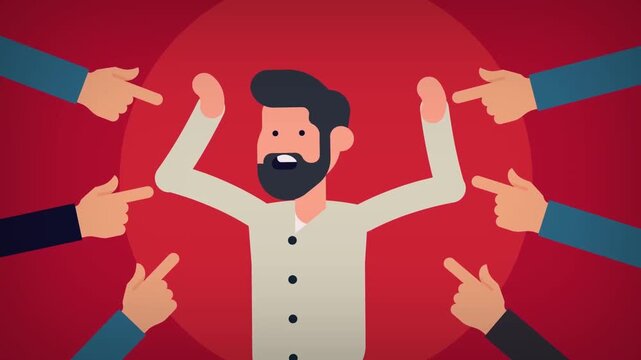 2D Animated Multiple Hands Pointing Fingers at Stressed Man Accusation and Guilt Concept Flat Vector Animation Footage