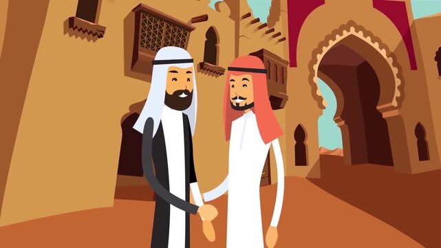 2D Animated Two Arab Businessmen in Traditional Attire Shaking Hands in Middle Eastern City Flat Vector Character Animation Footage