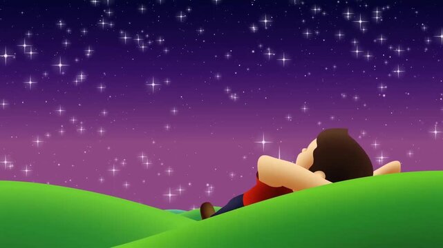 2D Animated Person Lying on Green Hill Grass Watching Starry Night Sky and Shooting Stars Flat Vector Animation Footage