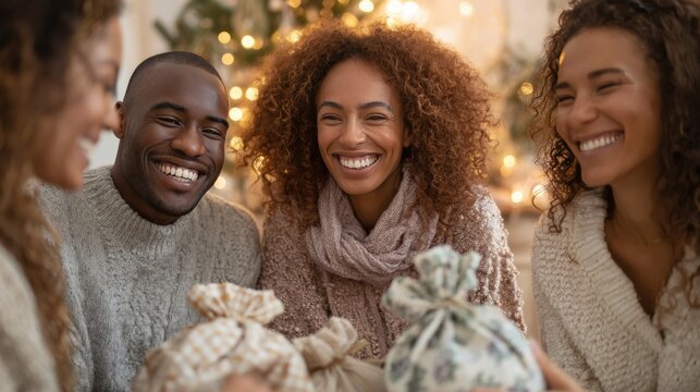Joyful gathering for zero waste Christmas gift swap circle celebrating sustainability and friendship during the festive season