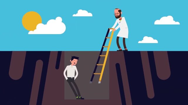 2D Animated Doctor Placing Wooden Ladder to Rescue Stressed Man trapped in Ground Pit Flat Vector Character Animation Footage