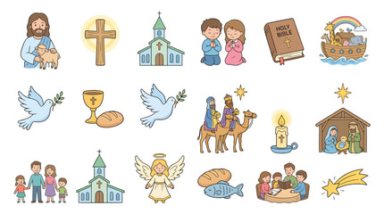 Naklejka premium Collection of hand drawn christian religious icons and symbols.