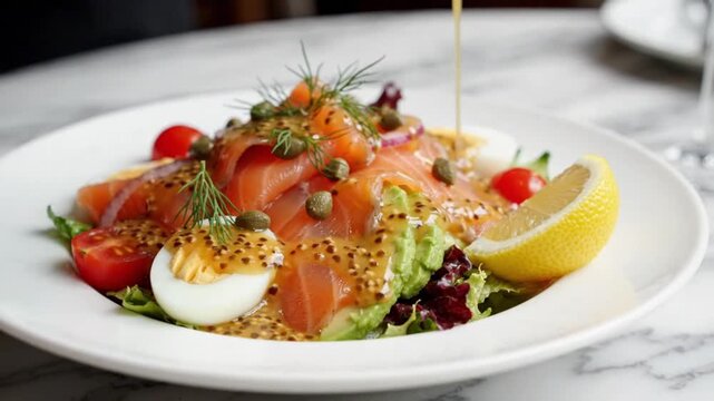 Pouring Honey Mustard Dressing Over Fresh Smoked Salmon Salad with Avocado and Boiled Egg on White Plate