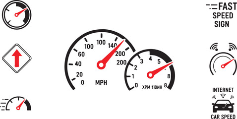 Naklejka premium A set of vector dashboard icons featuring a speedometer displaying MPH, a tachometer gauge, road signs, and internet speed test symbols isolated on a white background.