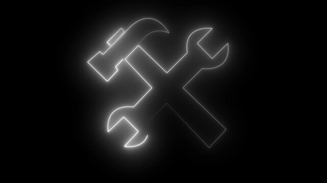 Glowing white neon wrench and hammer crossed tools icon loop animation on black background for construction, repair, settings, under maintenance, and technical support concept black. 4k video