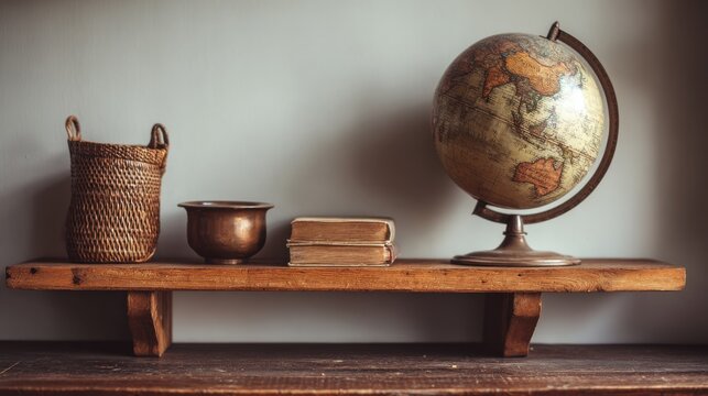 Rustic Home Decor Featuring a Vintage Globe, Antique Books, Basket, and Decorative Bowl on a Wooden Shelf Against a Neutral Wall Background