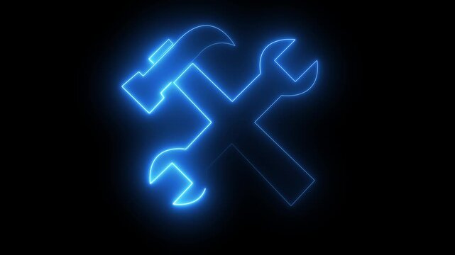 Glowing blue neon wrench and hammer crossed tools icon loop animation on black background for construction, repair, settings, under maintenance, and technical support concept black. 4k video