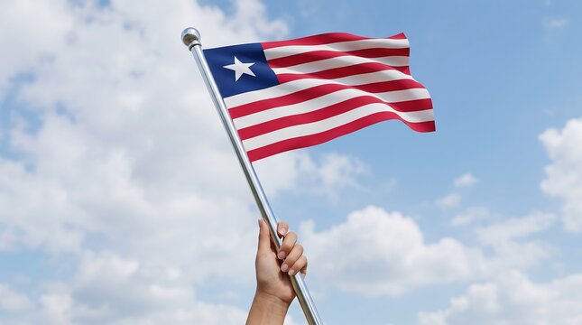 Liberia national flag held by hand waving against a blue sky with white clouds background